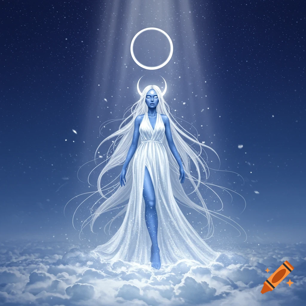 A blue-skinned goddess with long white hair in a flowing white dress stands on clouds under a starry night sky, with a crescent moon and ring halo.