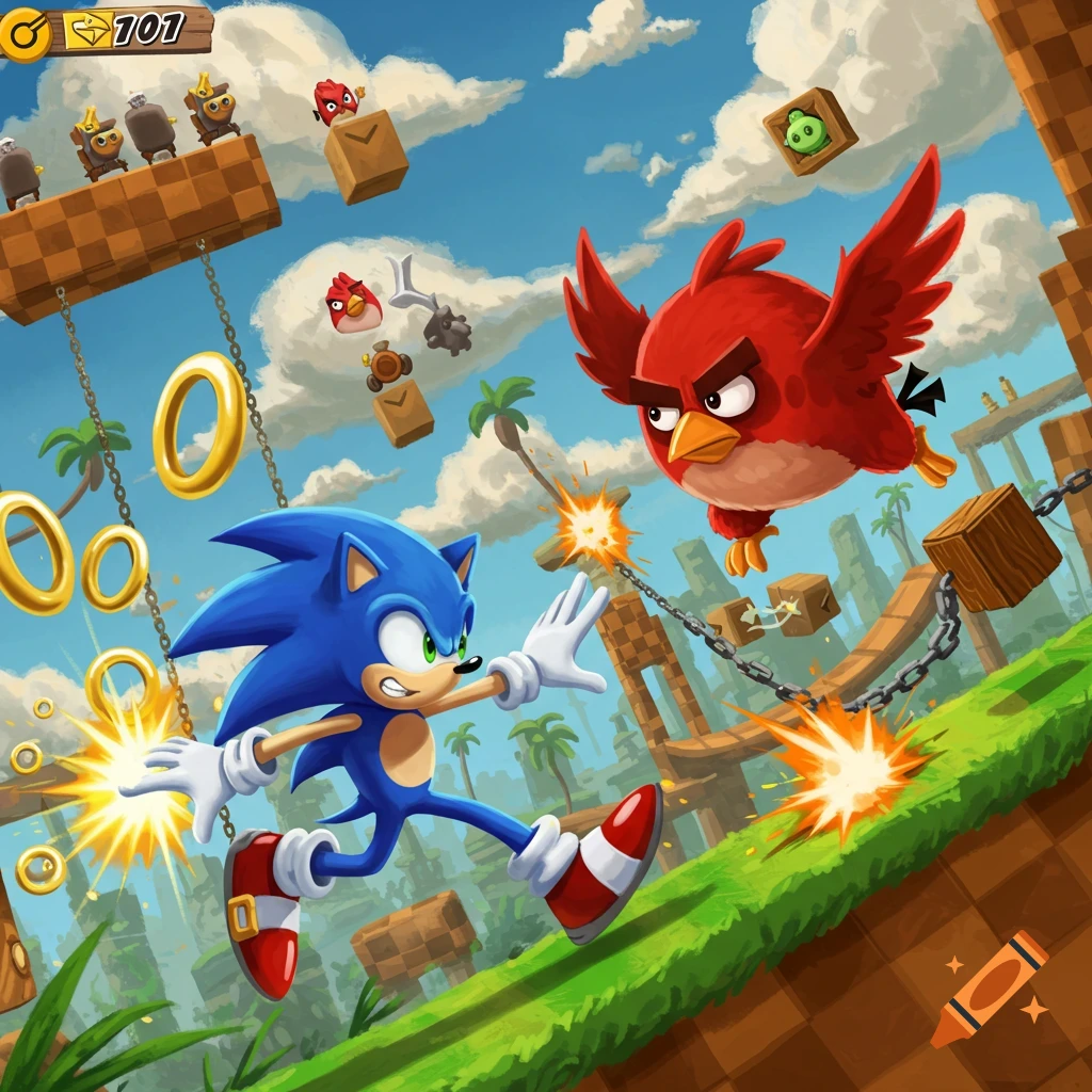 Sonic the Hedgehog runs on a green slope with Red Angry Bird flying nearby, surrounded by golden rings and wooden blocks in a cartoon style.