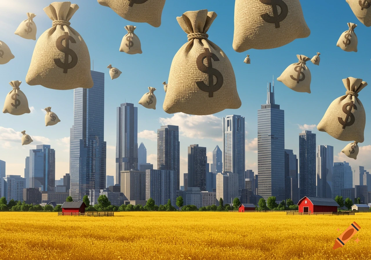 Money bags with dollar signs float above a golden farm field in front of a city skyline under a blue sky.