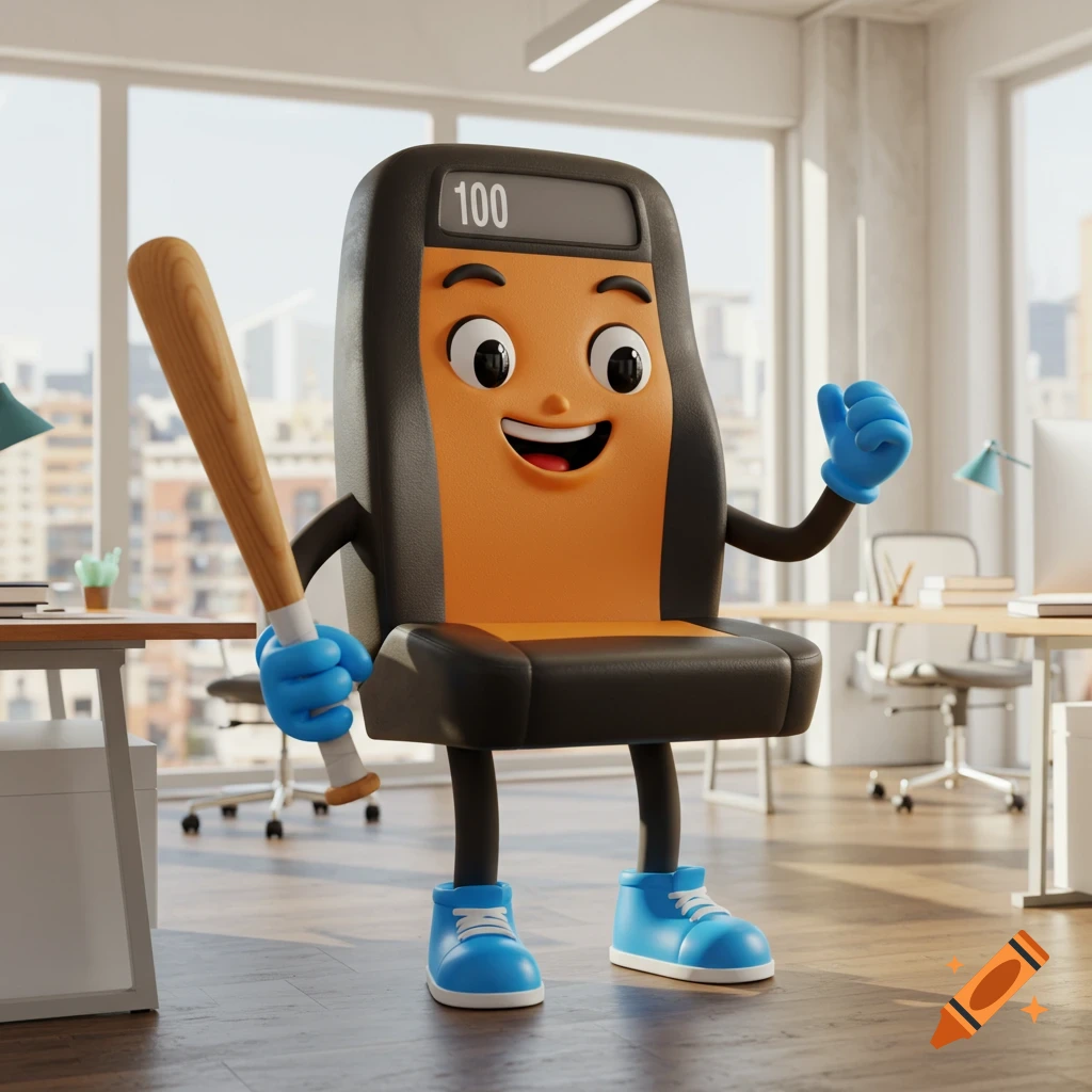 A smiling 3D cartoon bus seat mascot with blue arms and legs holds a baseball bat in a bright office.