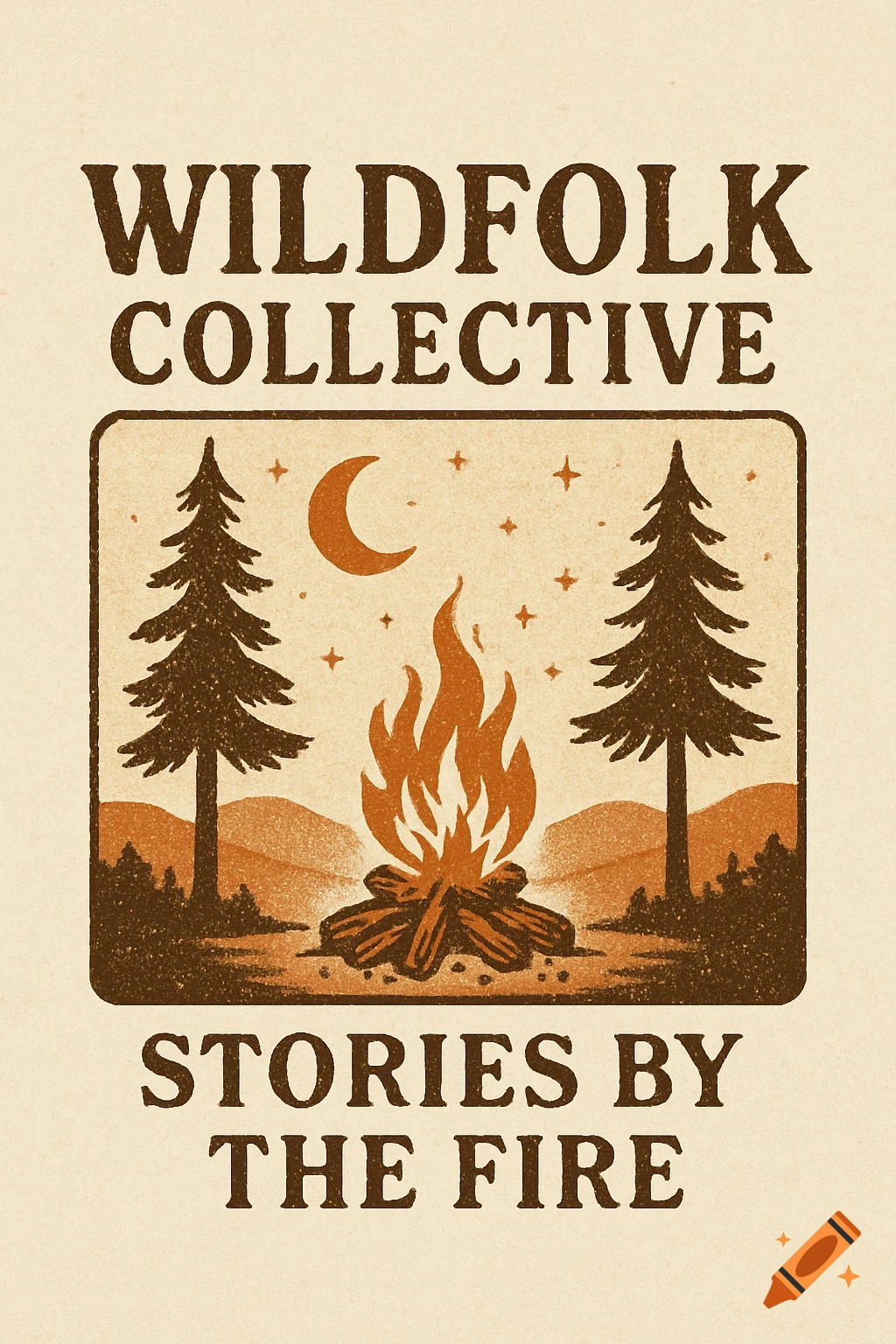 Vintage folk art graphic of a campfire, pine trees, moon, and stars with text 'Wildfolk Collective Stories by the Fire'.