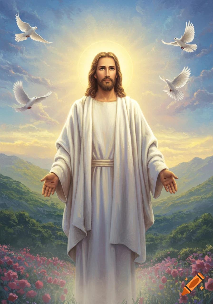 Jesus Christ with a halo, outstretched arms, and stigmata, surrounded by doves in a field of red flowers under a glowing sky.