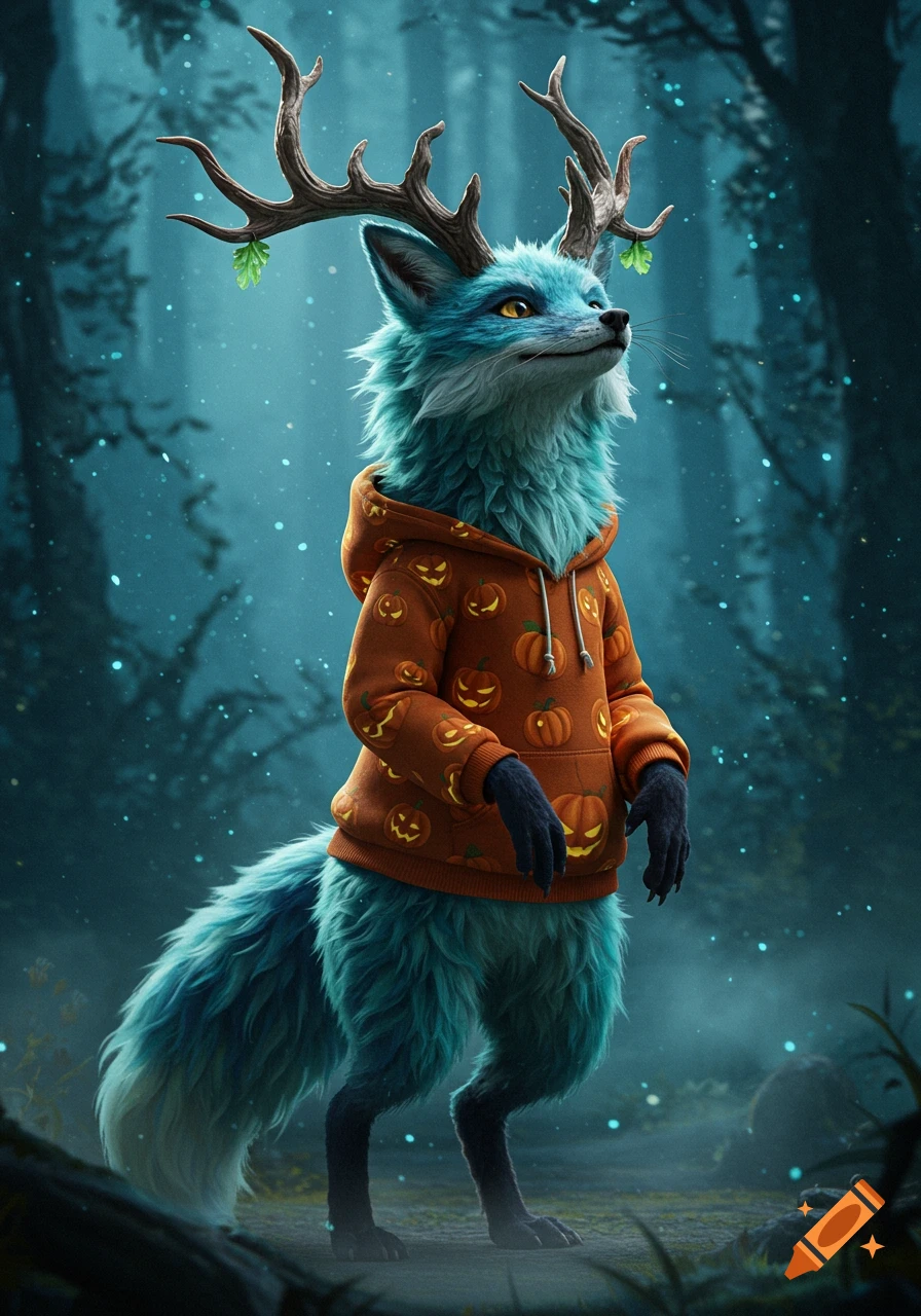 A teal, fluffy, fox-like creature with antlers and amber eyes stands in a dark forest, wearing an orange hoodie patterned with jack-o'-lanterns.
