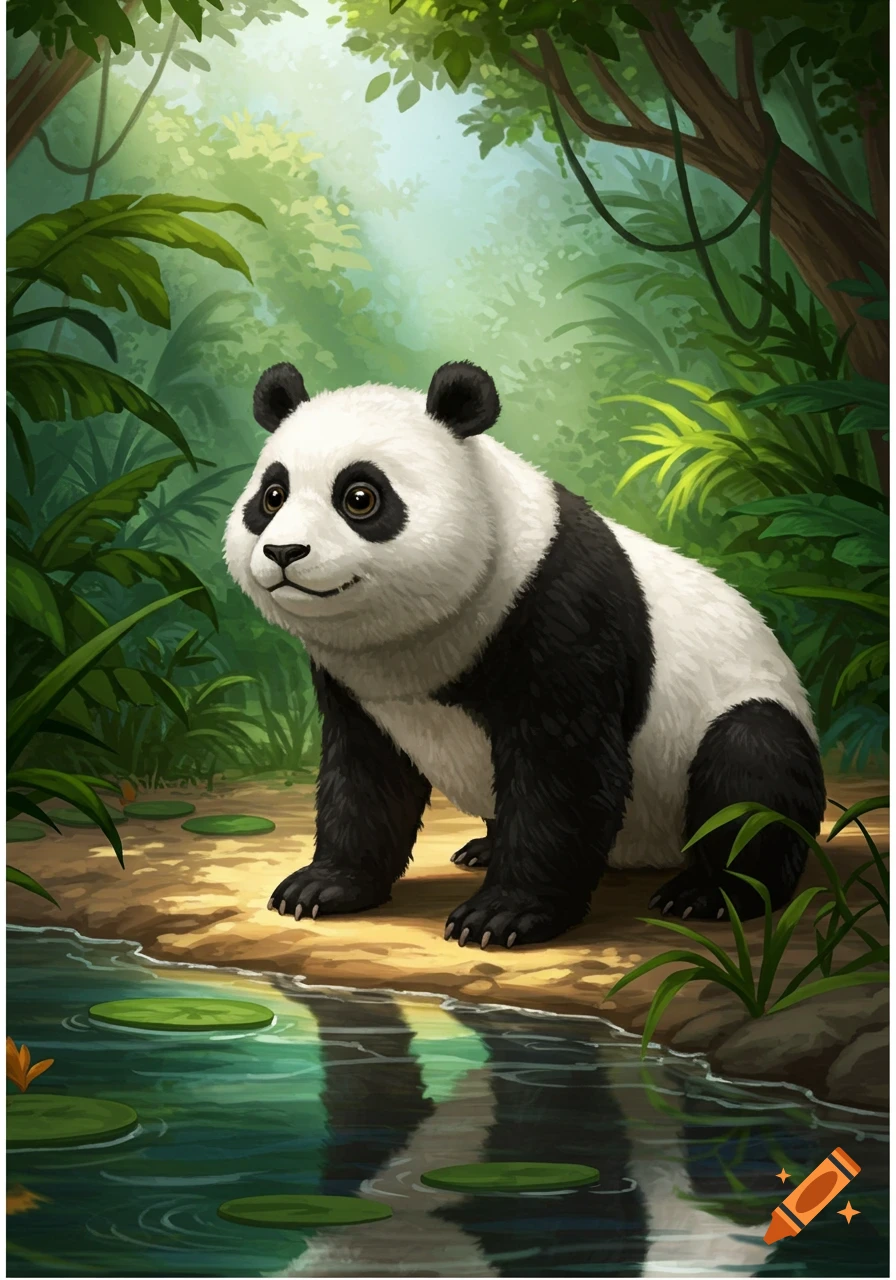 A cute cartoon panda with black and white fur sits by a tranquil stream in a lush green jungle.