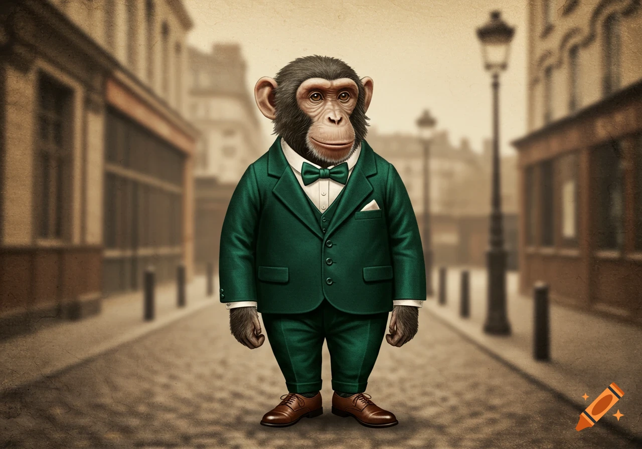 An anthropomorphic chimpanzee in a green suit and bow tie stands on a cobblestone street in a vintage illustration.