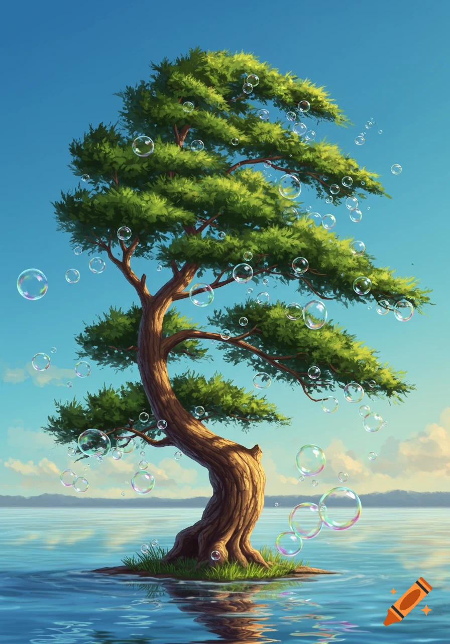 A stylized wind-bent pine tree stands in water, with colorful bubbles floating from its green branches against a blue sky.