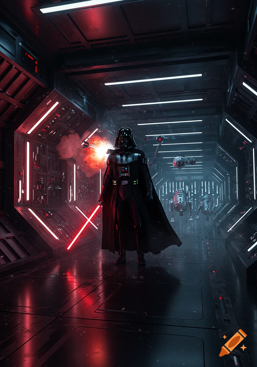 Photorealistic image of Darth Vader standing in a dark, red-lit spaceship corridor, holding a red lightsaber, with an explosion near his shoulder and droids in the background.