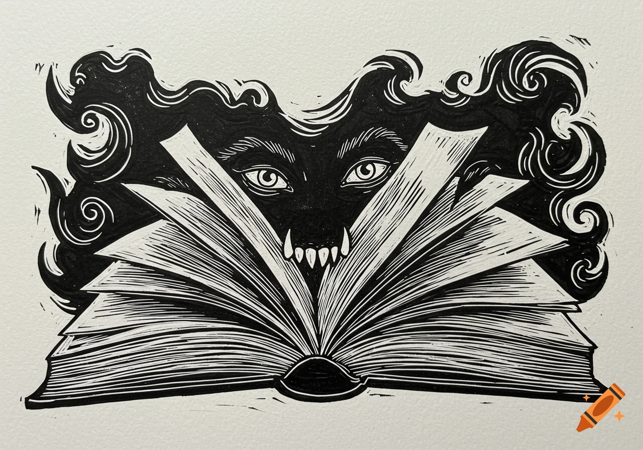 Black and white linocut of a monster with spooky eyes and fangs emerging from an open book.