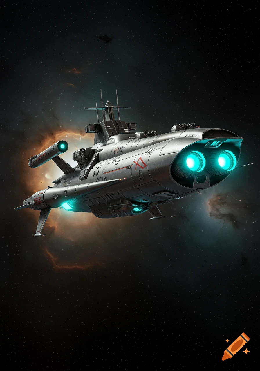 Detailed metallic military spaceship with glowing blue engines flying through a starry nebula.