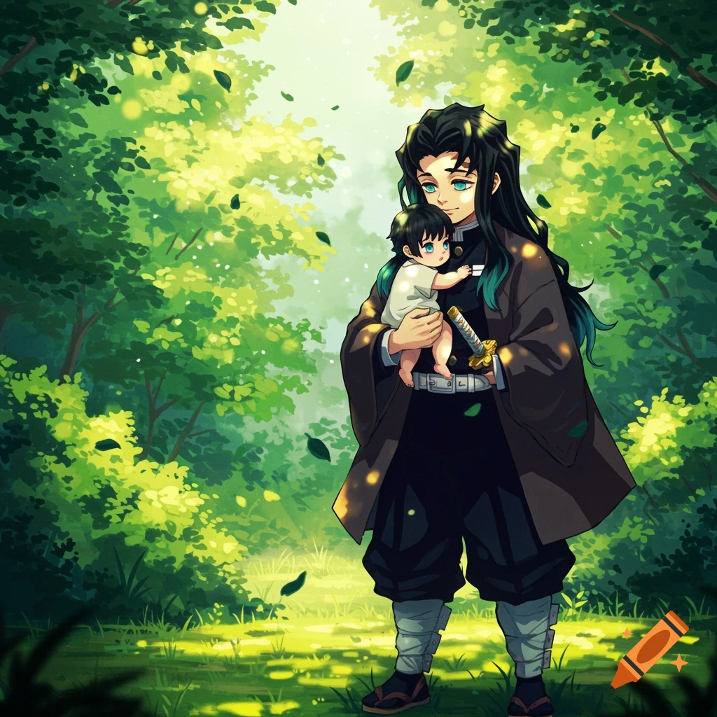 An anime character with long dark hair and teal highlights holds a baby in a sun-dappled green forest.