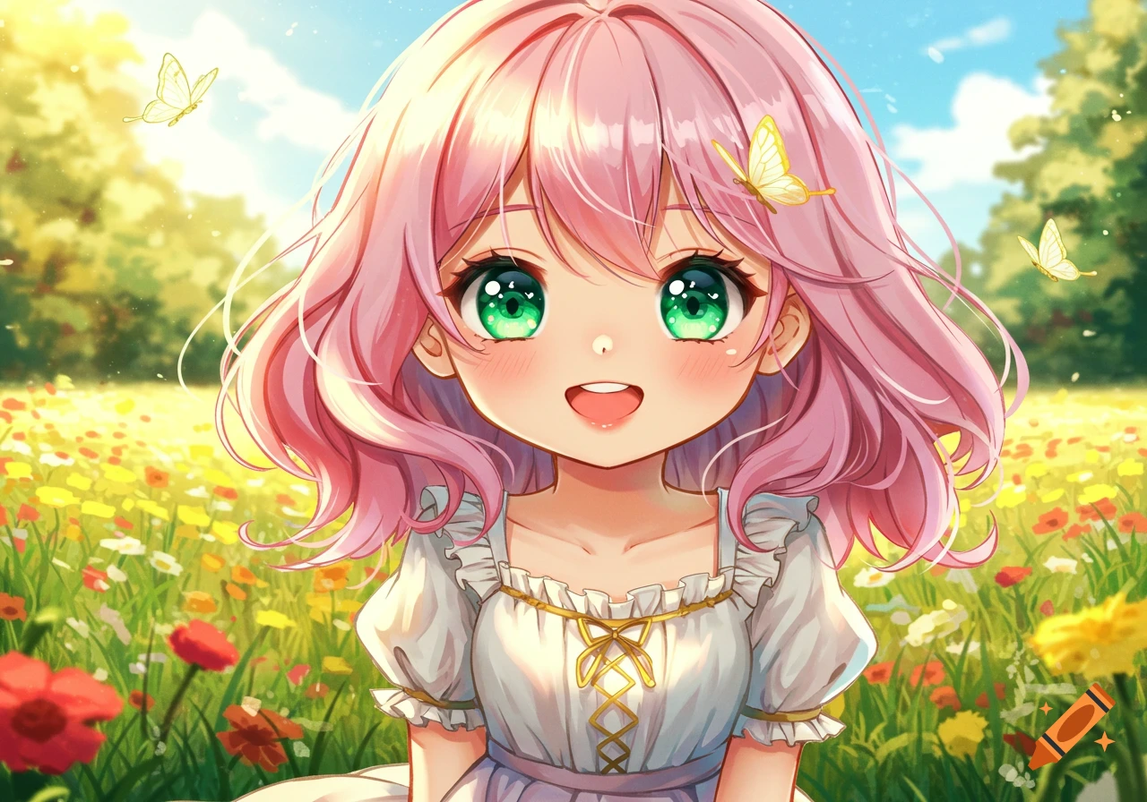 A cute anime girl with pink hair and bright green eyes smiles in a sunny field of colorful flowers with butterflies.