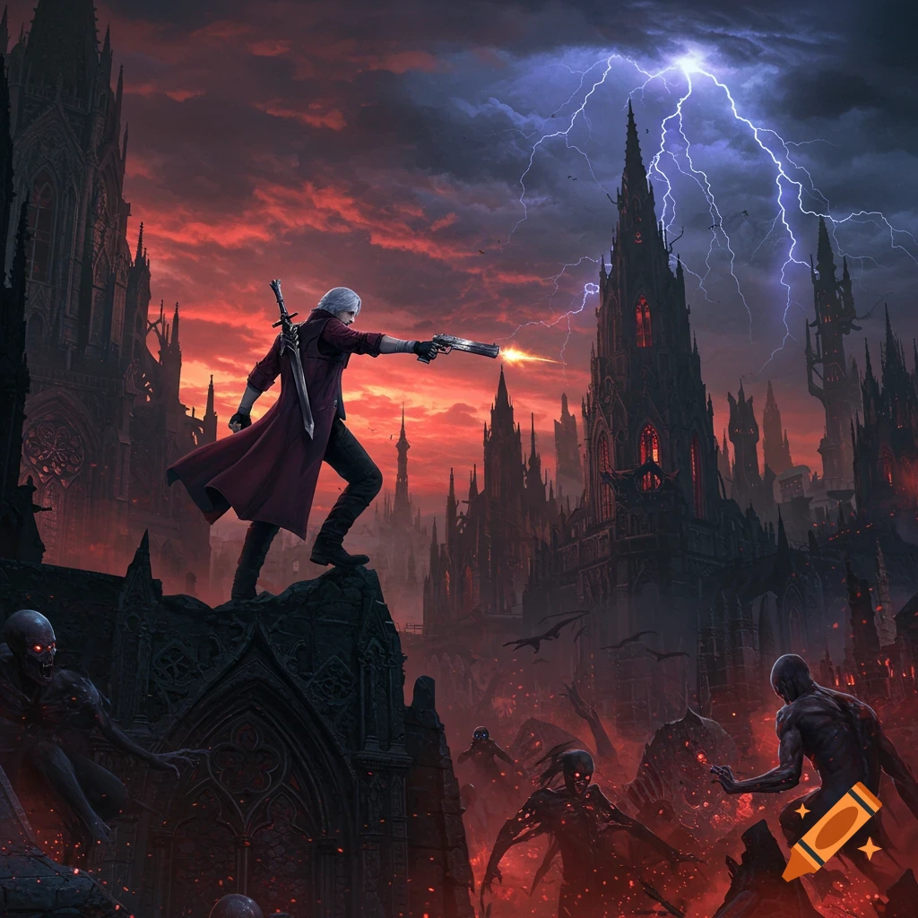 A white-haired demon hunter in a red coat shoots a gun at zombie-like creatures in a gothic, ruined city under a stormy, lightning-filled red sky.