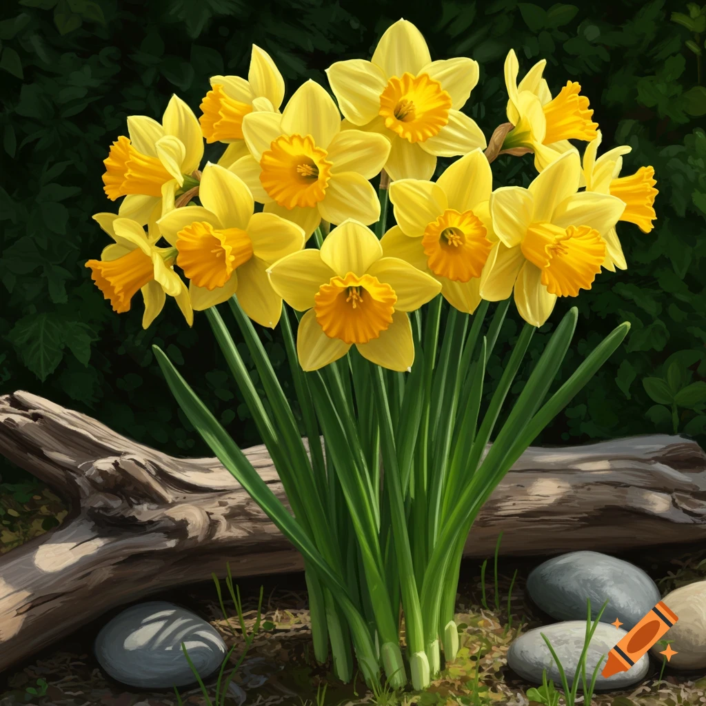 A vibrant cluster of yellow and orange daffodils with green stems. A wooden log and grey stones rest in the foreground on a dark green background.