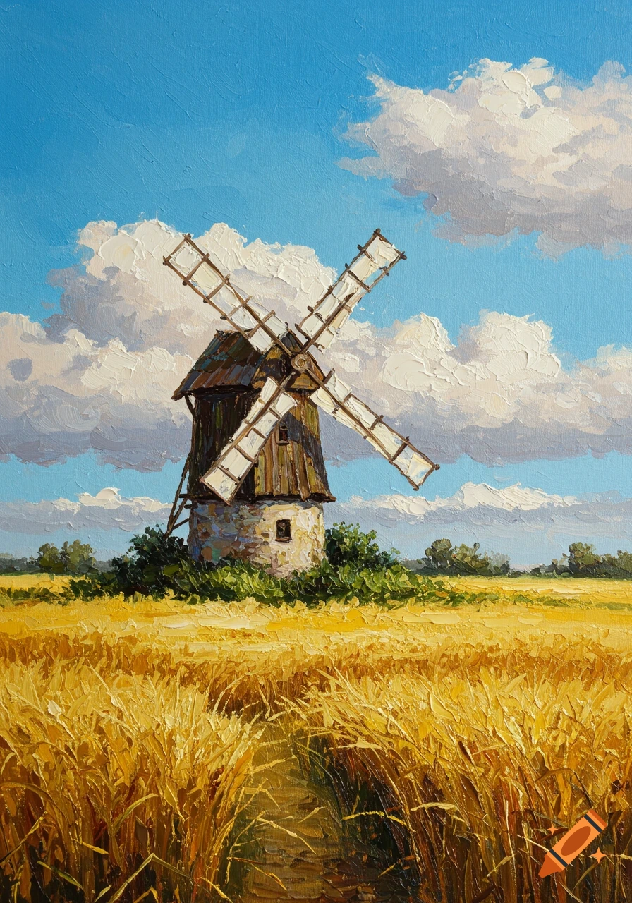 Oil painting of a classic windmill standing in a golden wheat field under a blue sky with fluffy white clouds.