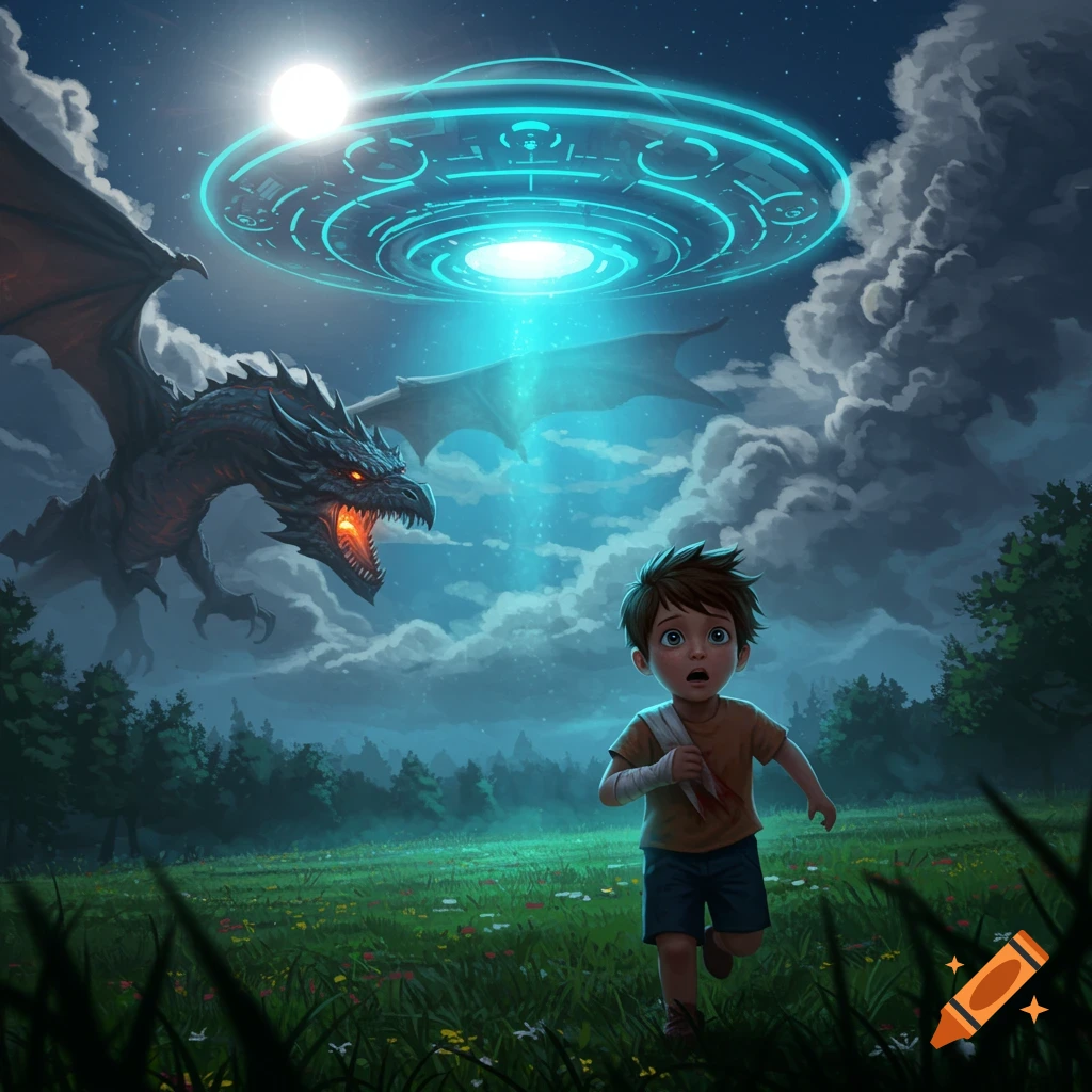 A frightened boy with a bandaged arm runs from a fierce dragon and a glowing UFO in a moonlit field.