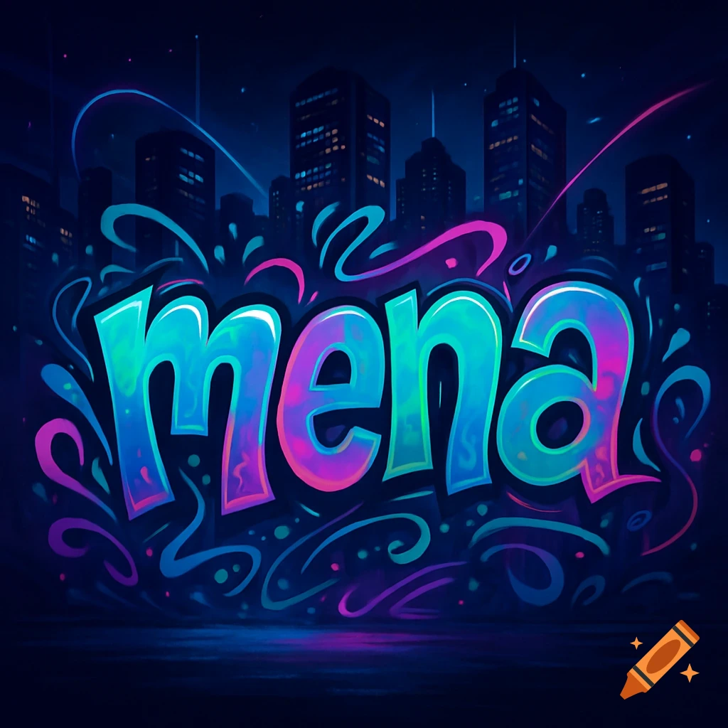 Stylized neon graffiti of the word 'mena' in blue, green, and pink, against a dark city skyline at night.