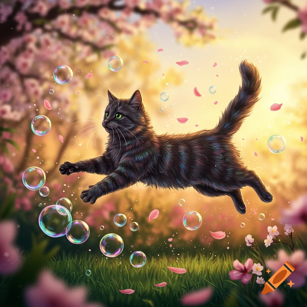 A fluffy black cat with green eyes leaps through a vibrant spring field filled with pink flowers, floating bubbles, and falling petals.