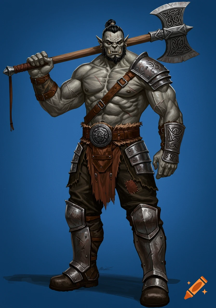 Muscular grey-skinned half-orc barbarian with a serious expression, holding a large greataxe over his shoulder, wearing minimal armor. Digital illustration.