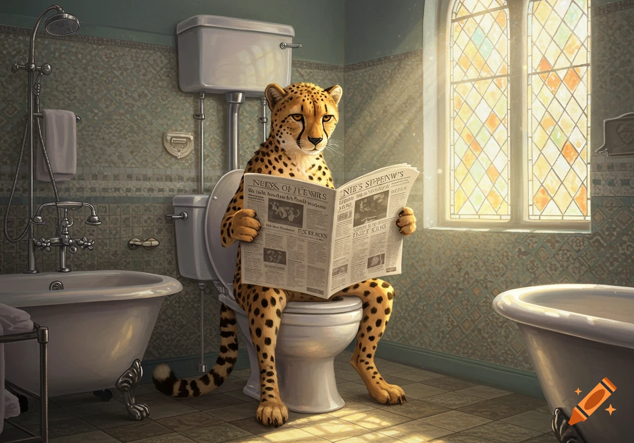 A whimsical cheetah sits on a toilet in an ornate bathroom, reading a newspaper as sunlight streams through a stained-glass window.
