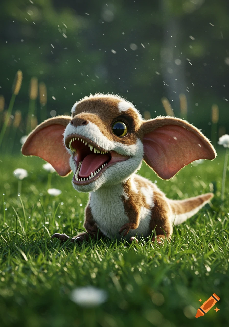 A cute, furry brown and white creature with large elephant-like ears and sharp teeth sits in a grassy field.