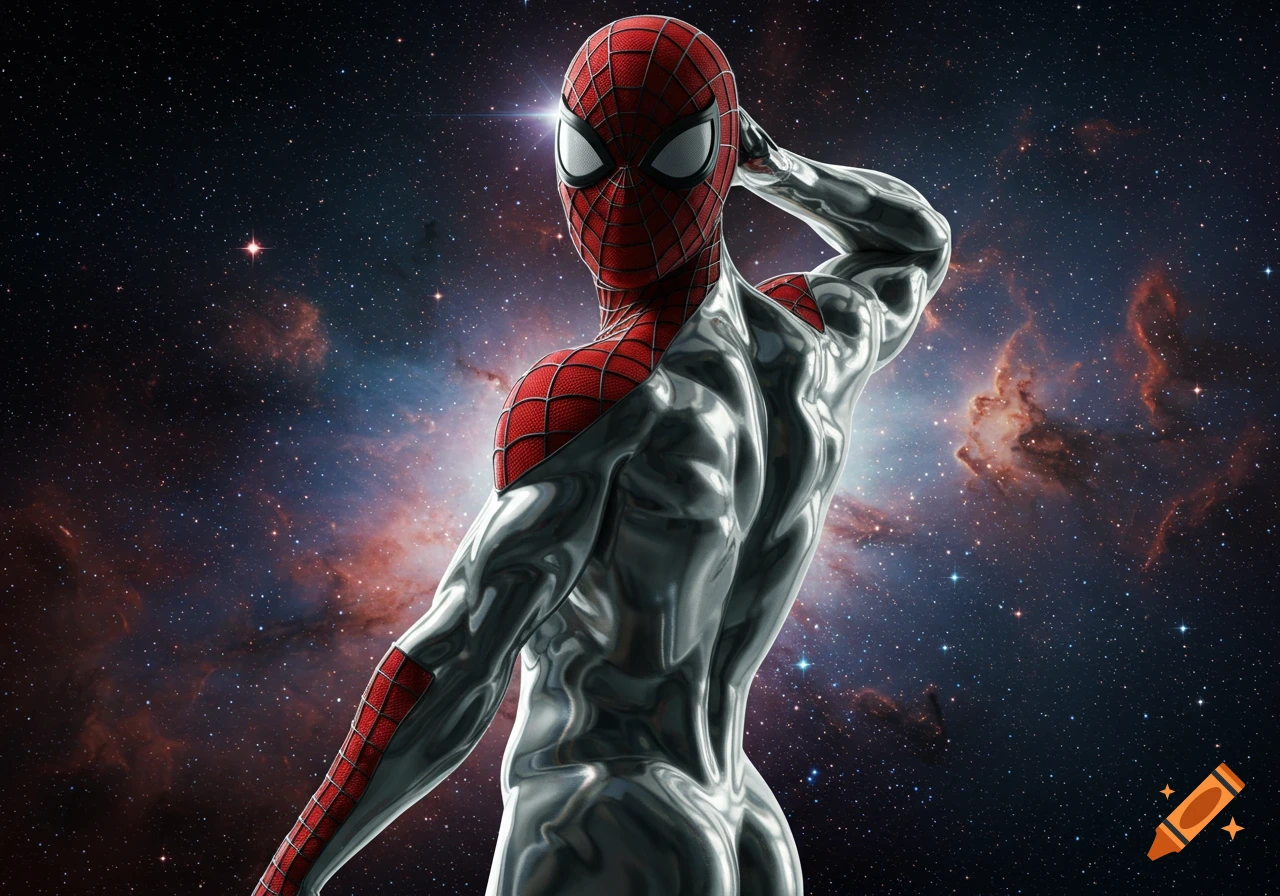 Metallic Spiderman with a silver body and red web patterns poses against a vibrant starry galaxy background.