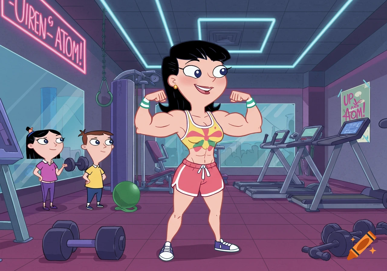Cartoon of Phineas's mom flexing muscular arms at a gym, with Phineas and Isabella watching.