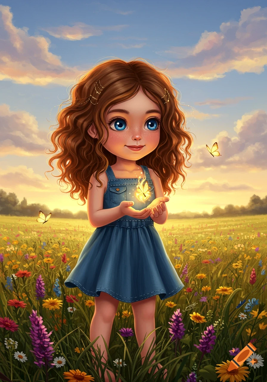 Stylized illustration of a cute girl with curly brown hair holding a glowing butterfly in a field of wildflowers at sunset.