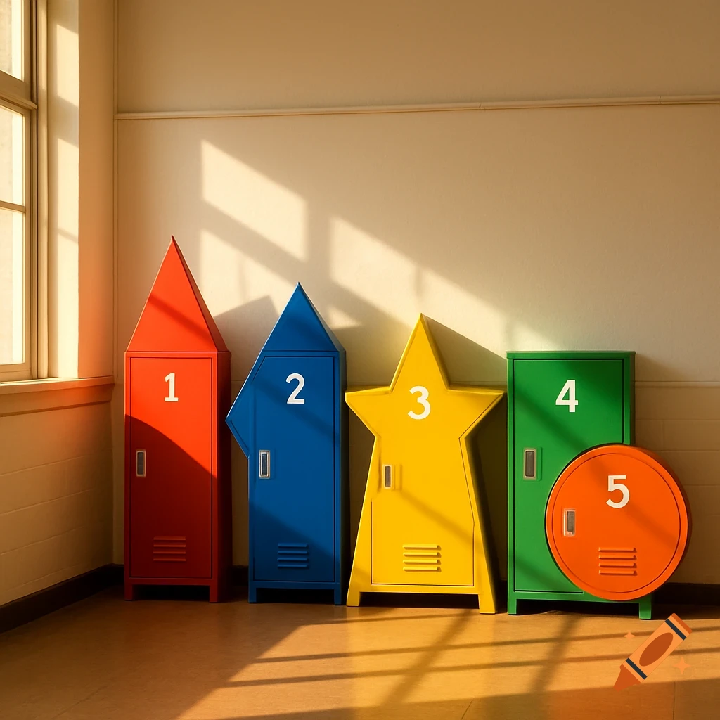 Five colorful lockers in a classroom, shaped as a triangle, diamond, star, square, and circle, numbered 1 to 5.