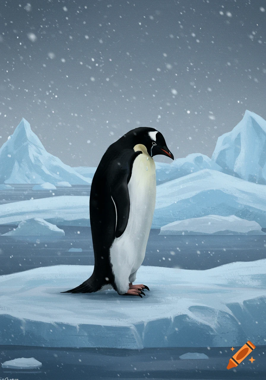 Illustrative crying penguin stands on ice in a snowy Antarctic landscape with icebergs.