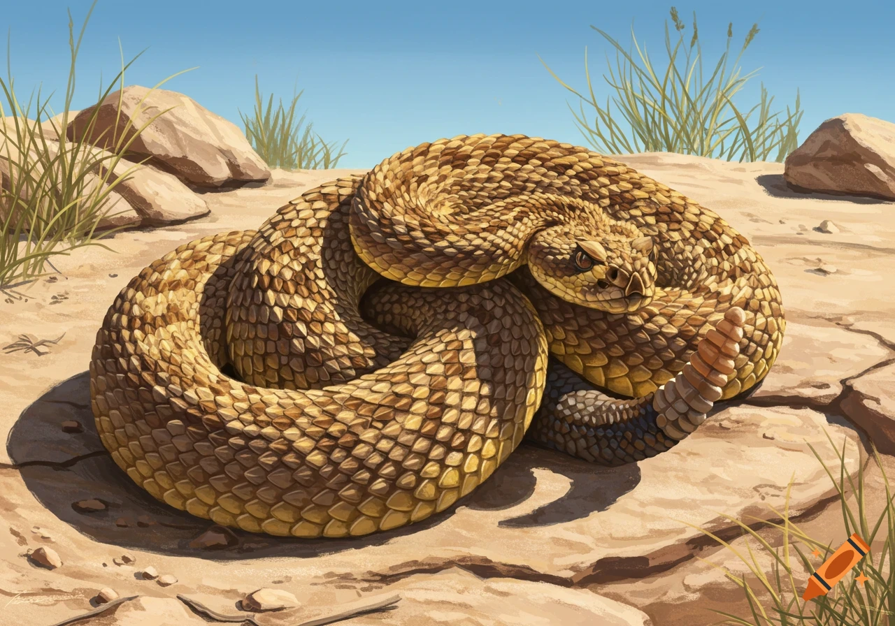 A coiled rattlesnake on sandy ground with rocks and sparse grass under a blue sky, illustrative style.