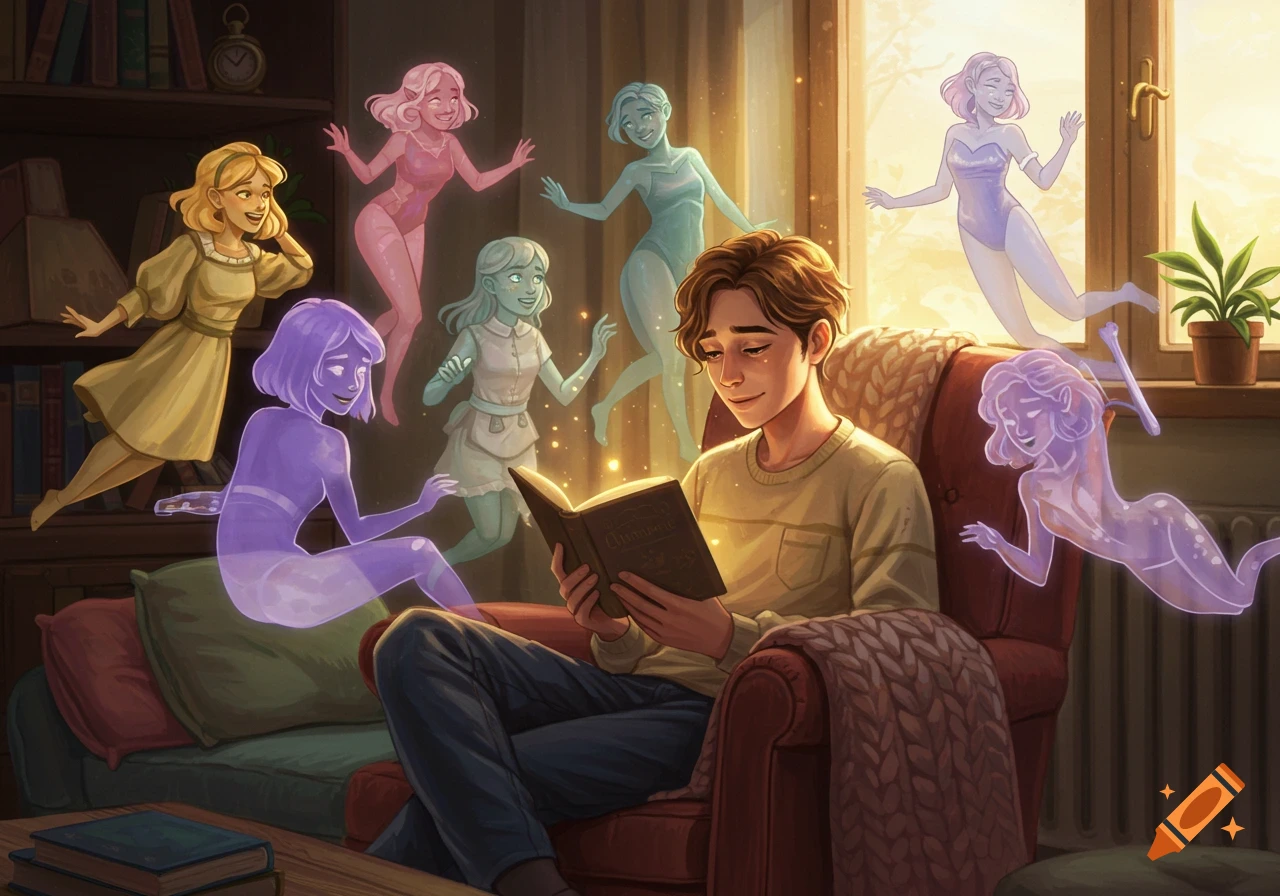 A young man sits in an armchair, reading an open book, while colorful ethereal women characters float around him in a warm, cozy room.
