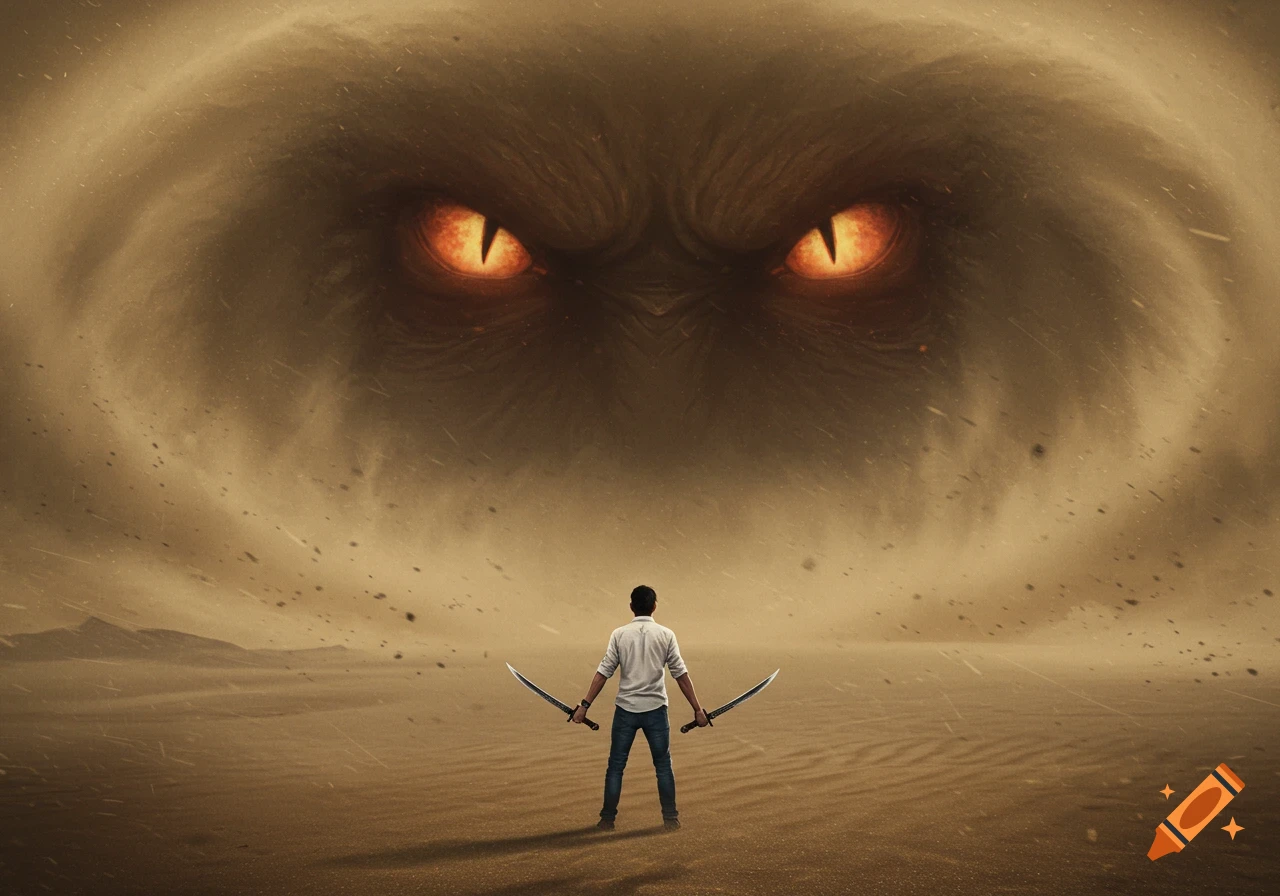 A man with two swords stands in a desert facing a giant sandstorm monster with glowing orange eyes.