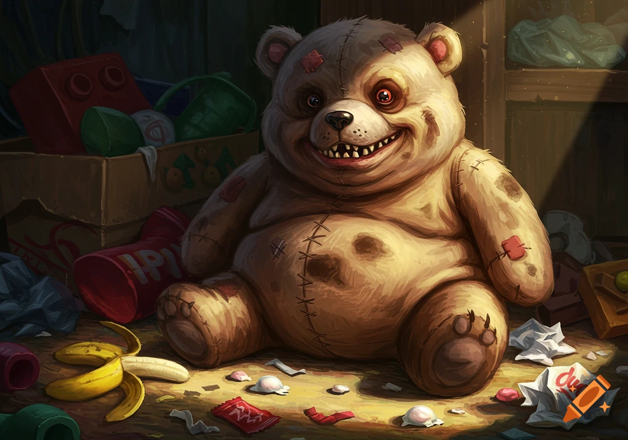 A creepy, fat teddy bear with a fanged grin and unsettling red eyes sits amidst scattered trash and banana peels in a digitally painted scene.