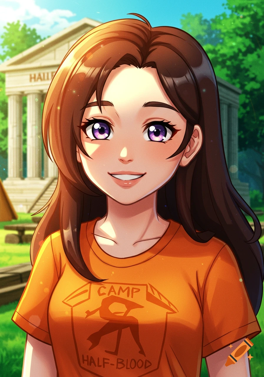 Anime girl with long brown hair and purple eyes, smiling in an orange Camp Half-Blood t-shirt, with a pavilion behind her.