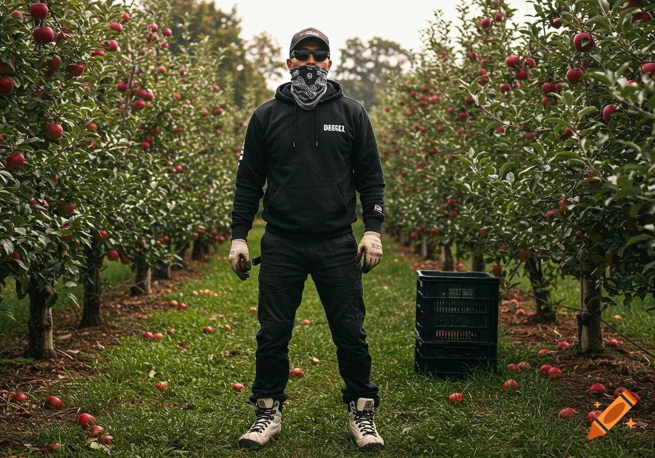 A person in a black hoodie, bandana, and work gloves stands in an apple orchard with ripe red apples.