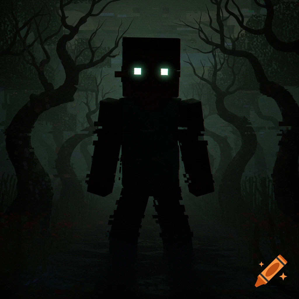 Shadowy, blocky figure with glowing white eyes stands in a dark, glitching forest, in analog horror style.