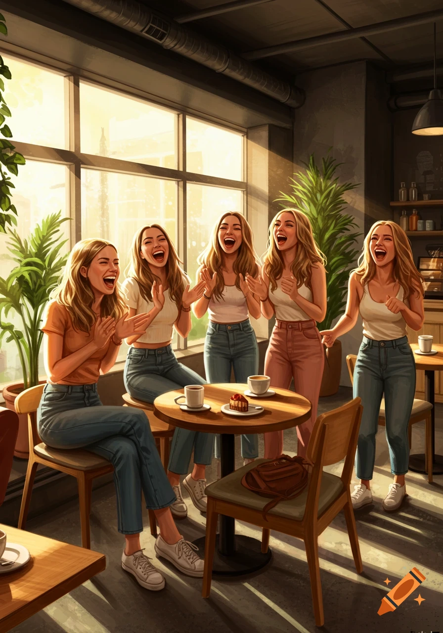 Five young women with long blonde hair in a sunlit modern coffee shop, laughing joyfully and clapping their hands.