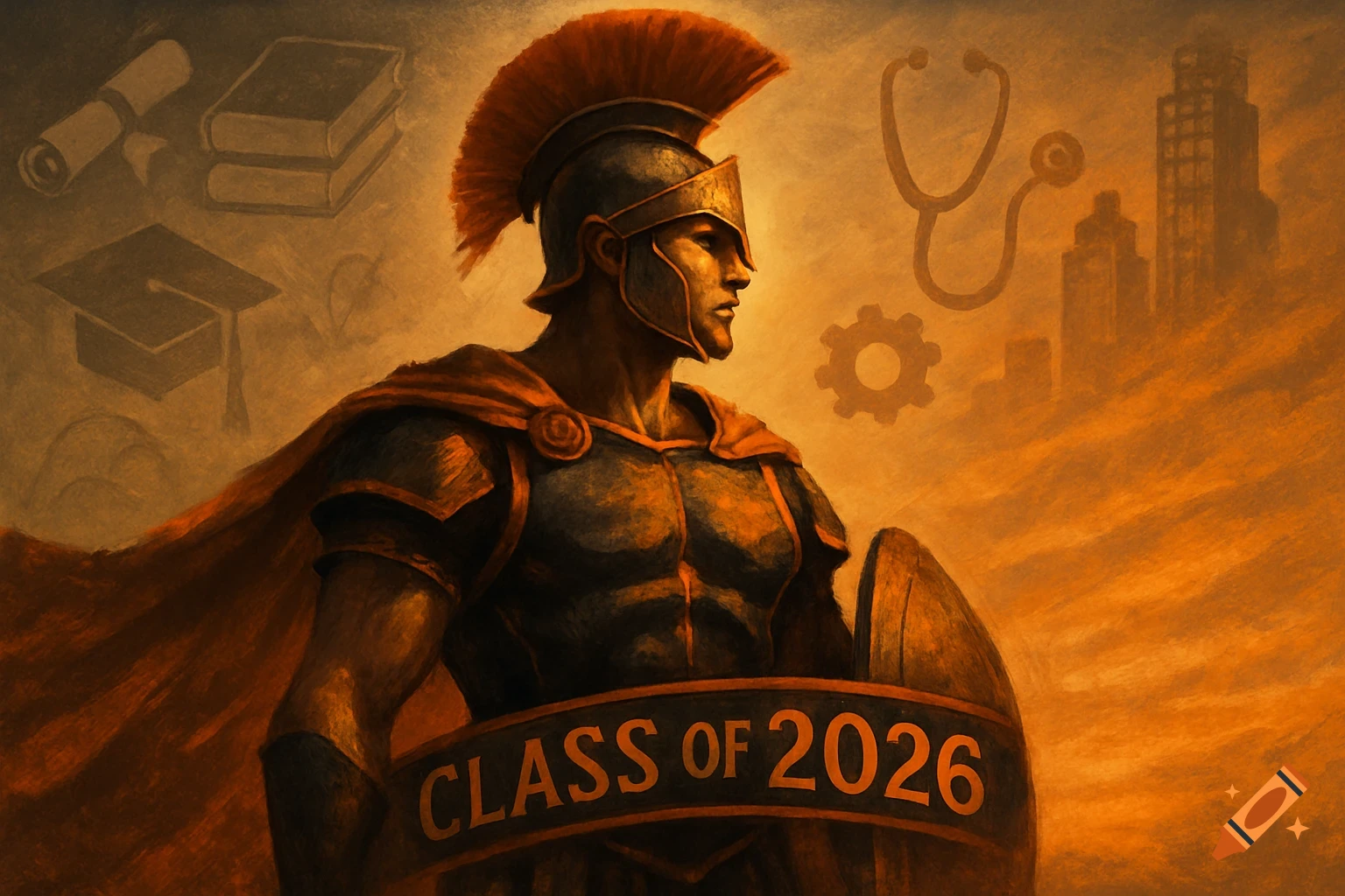 A Spartan warrior with 'CLASS OF 2026' banner, surrounded by college and career symbols in an orange-toned digital painting.