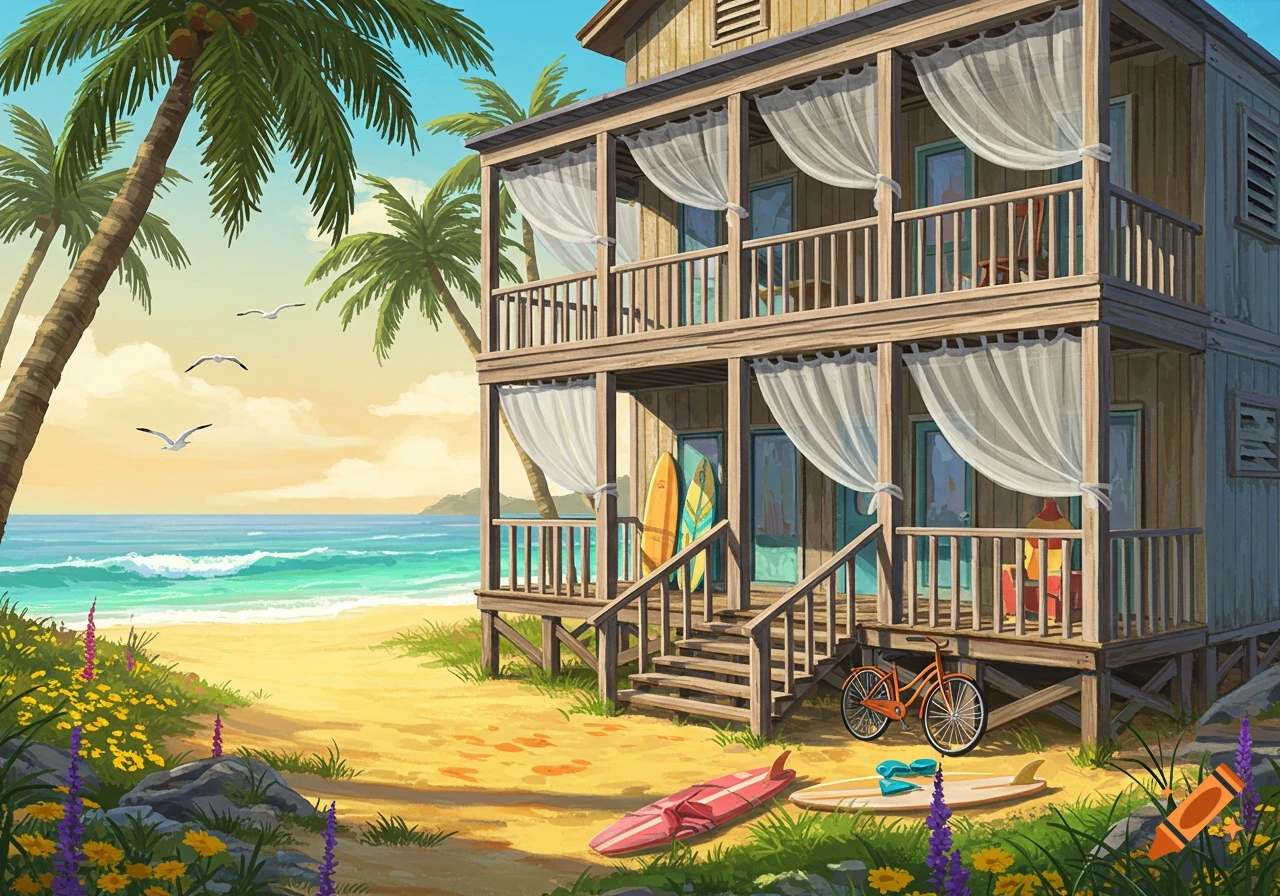 An animated scene of a two-story wooden beach house with balconies and white curtains, surrounded by palm trees and flowers, overlooking a turquoise ocean with a sandy beach and surfboards.