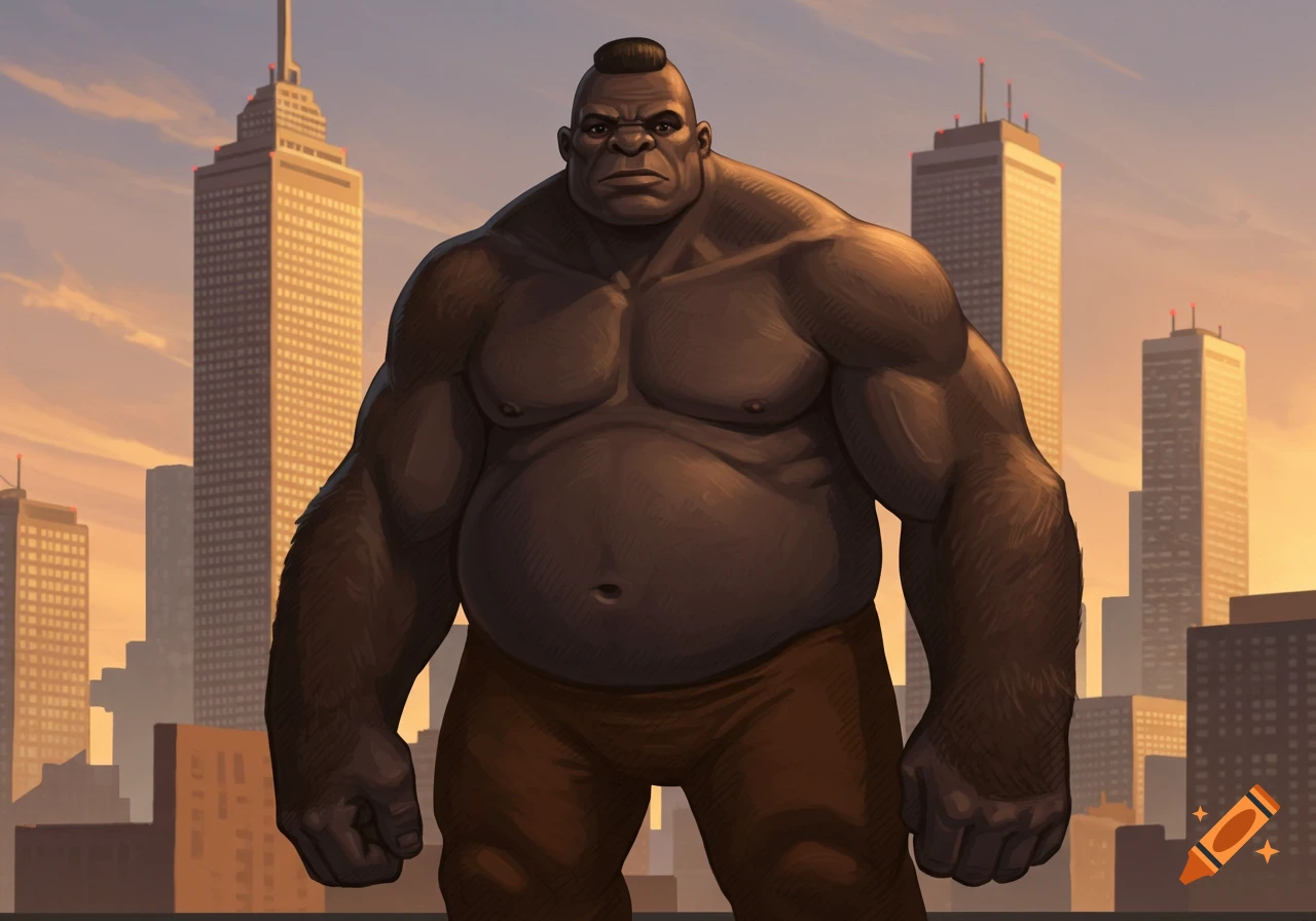 An illustration of a large, muscular, gorilla-like man with a flat nose and short mohawk standing in front of a city skyline at sunset.