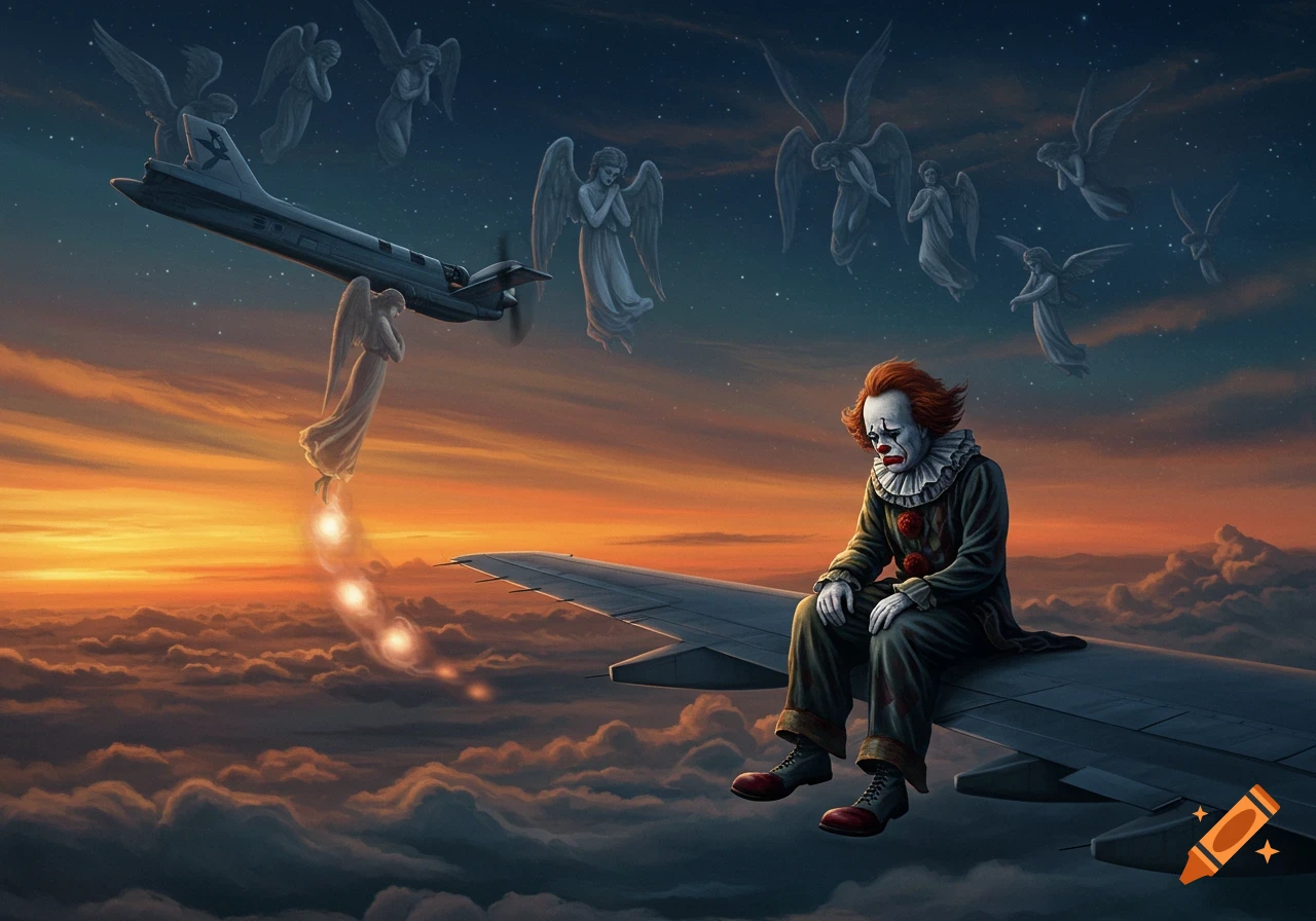 Melancholic Pennywise clown sits on an airplane wing above clouds at sunset, with weeping angels in the starry sky. Hyperrealistic.