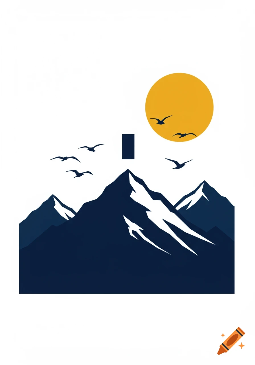Minimalist illustration of navy blue mountains with white ridges, one resembling a capital 'I', under a yellow sun and white sky with flying birds.