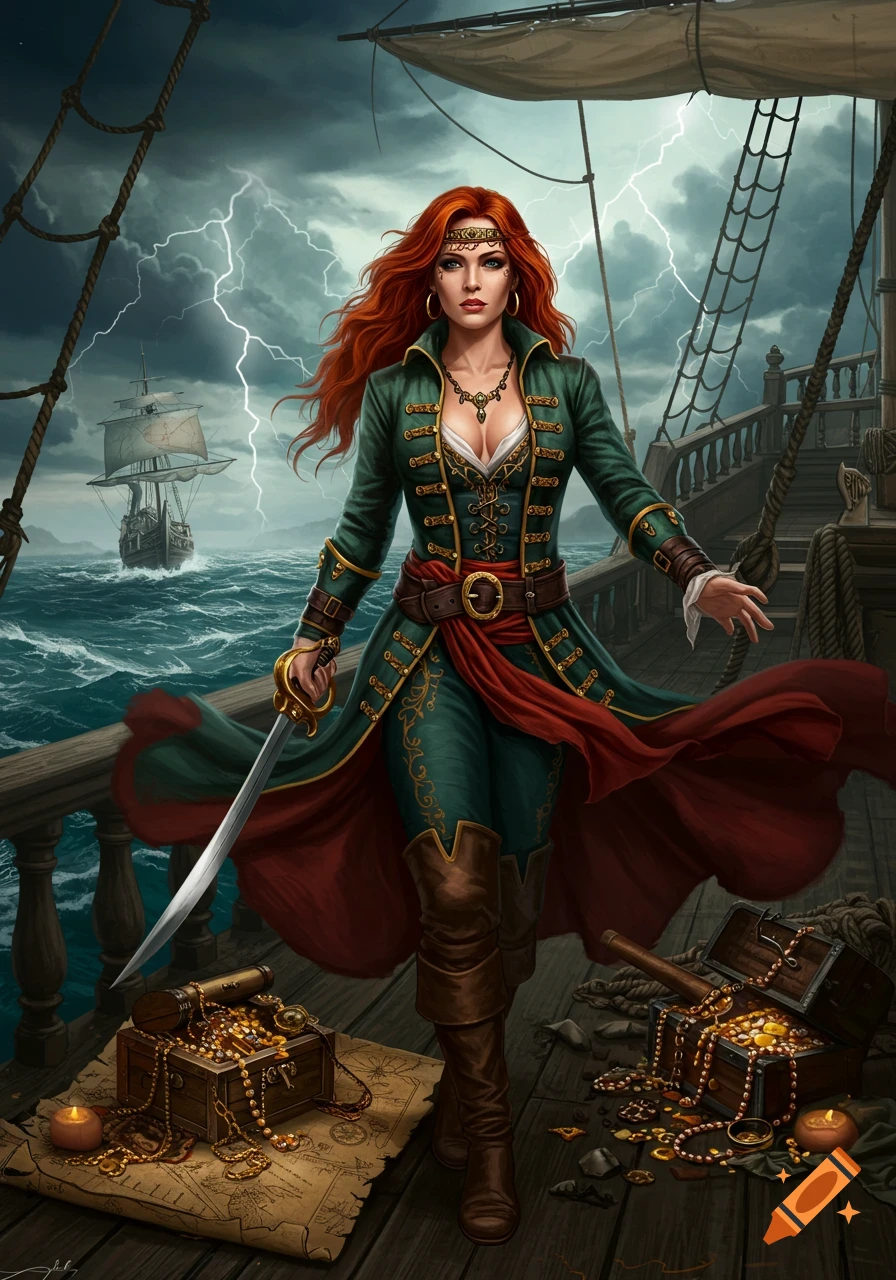 A red-haired pirate queen stands on a ship's deck with a sword and treasure, under a stormy sky with lightning.