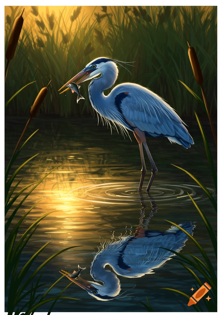 A blue heron stands in golden water amidst tall green reeds, holding a small fish in its beak, with its reflection visible below.