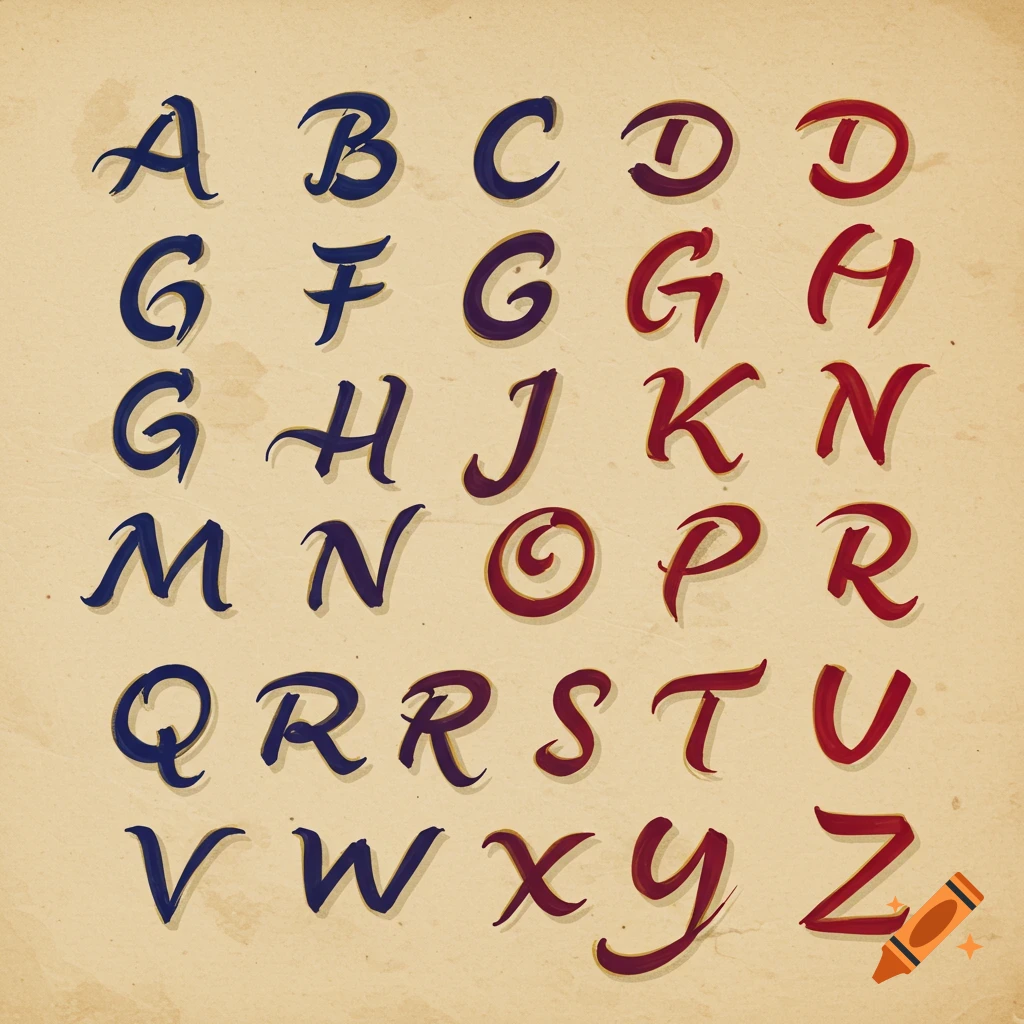 Stylized alphabet with A-Z letters in blue and red, on a textured, vintage paper background.