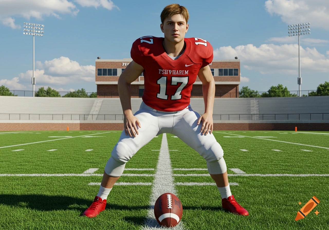 A young male football player in a red jersey with number 17 and white pants stands on a green football field, a football at his feet.