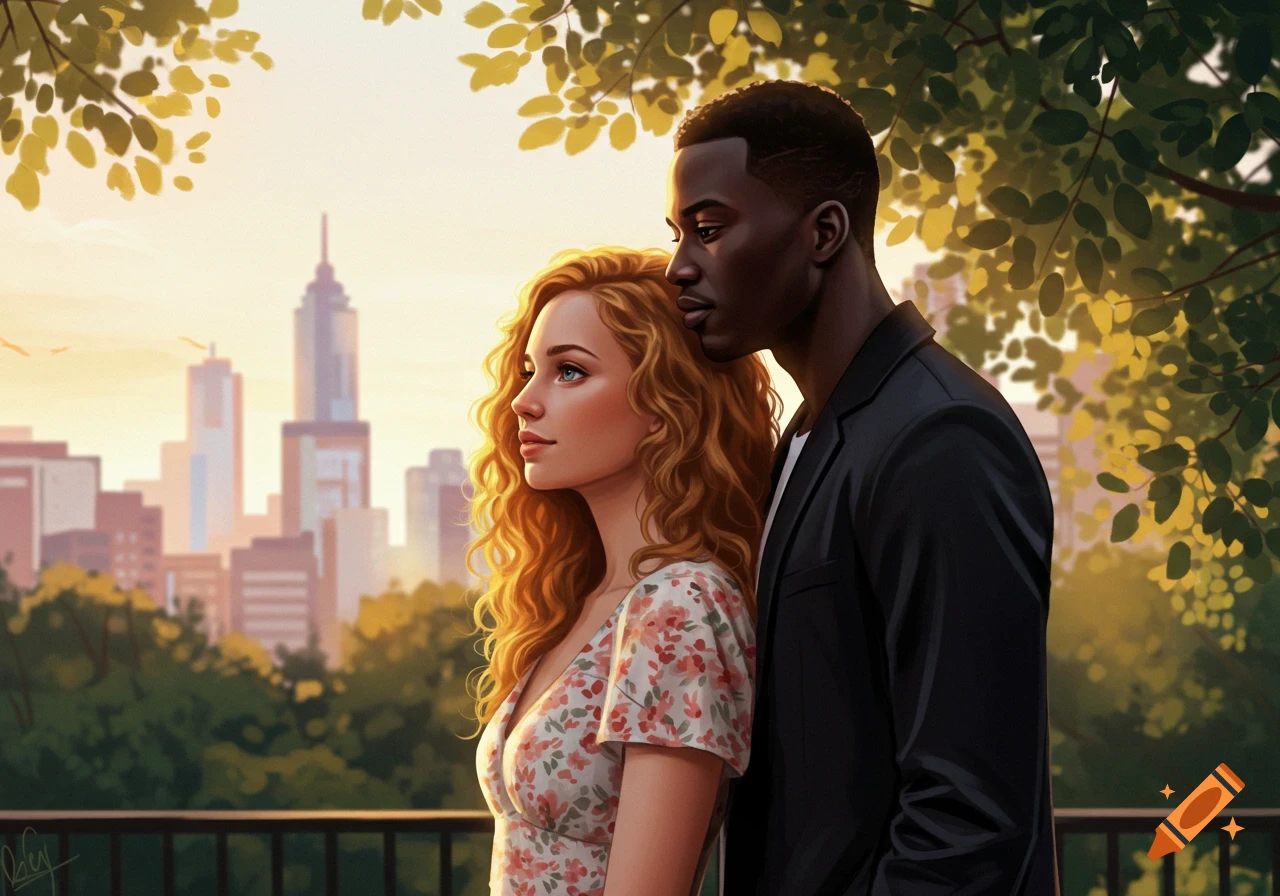 Illustrative painting of a diverse couple, a white woman and Black man, looking at a city skyline at sunset.