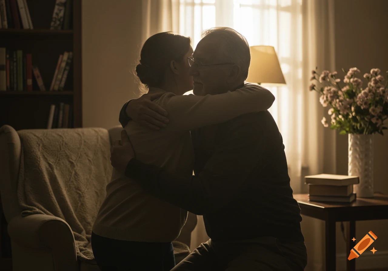 An older man gently hugs a woman in a warmly lit, shadowed room, their faces obscured.