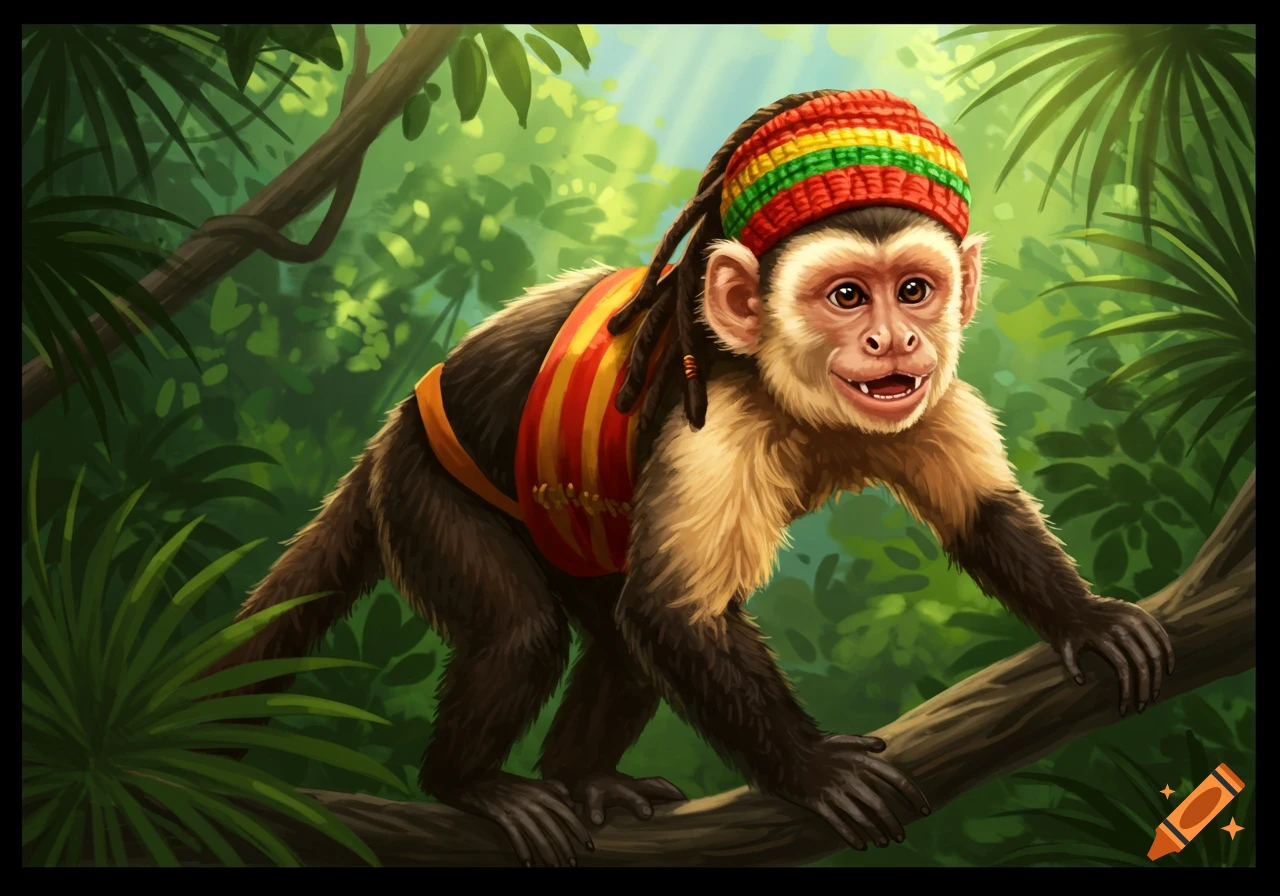 A cartoon capuchin monkey wearing a red, yellow, and green rasta hat and vest, climbing a branch in a lush green jungle.