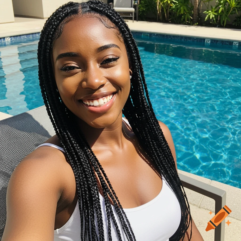 Smiling young Black woman with long box braids in a white tank top, taking a selfie by a bright blue swimming pool on a sunny day.
